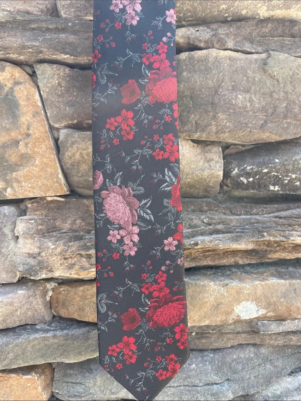 Bar III Black Tie with Red and Pink Floral Jacquard Pattern